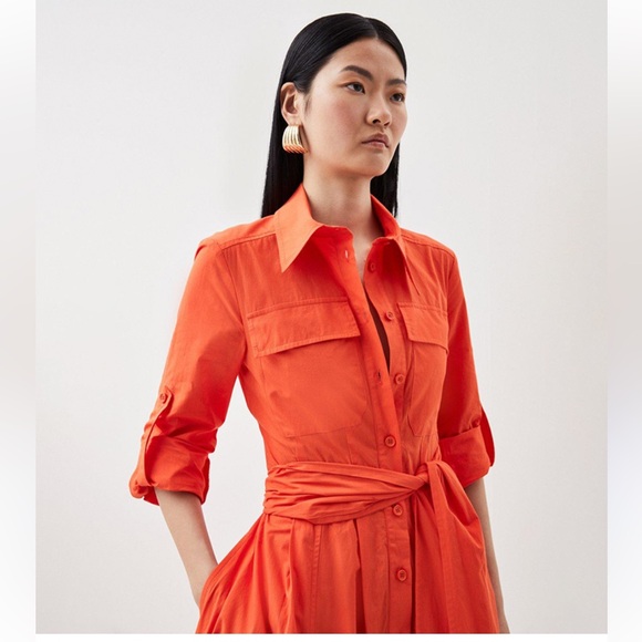 Karen Millen Orange Tailored Belted Poplin Maxi Button Up Down Shirt Dress sz 8 - Picture 4 of 13